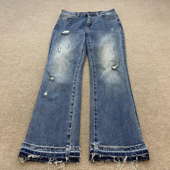 Risen Jeans Denim - Risen Flare Jeans Womens 7/28 Blue Med Wash Mid Rise Distressed Fringe Hem